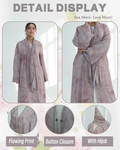 Modest Cardigan Set Women Muslim Dress with Soft Hijab Scarf Islamic Outfits Open Abaya For Eid, Ramadan, Umrah, Hajj - color: Taro, size: M(54)