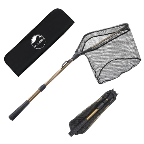 YVLEEN Folding Fishing Net - Foldable Fish Landing Net Robust Aluminum Telescopic Pole Handle and Nylon Mesh 16inch Hoop Size - color: C:16”/40cm Hoop Size (Telescopic Handle) Gold