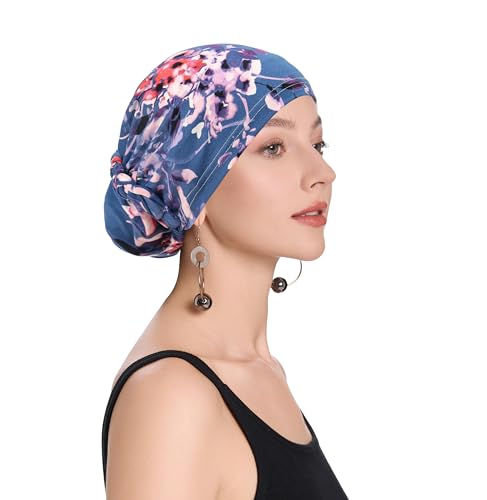 ZLYC Hijab Cap for Women Lightweight Undercap with Bun Loop Underscarf Hat - color: Flowers Mild Blue
