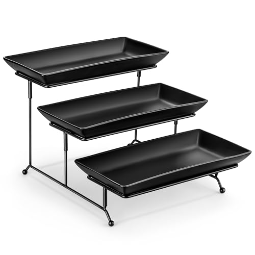 MALACASA 3 Tier Serving Tray, Porcelain Tiered Serving Trays Platters, 12 Inch Serving Stand with Platters,Black Dessert Stand with Collapsible Sturdier Metal Rack,Series PLAT - color: Black, size: 12 Inch