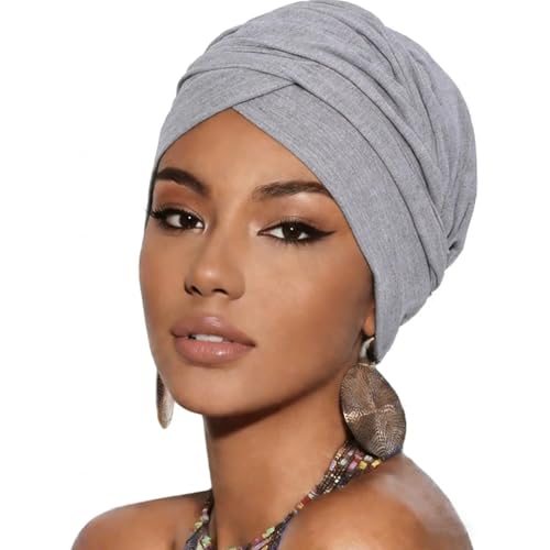 Turban Head Wrap Scarf,African Women' Soft Long Scarf Shawl Hair Bohemian Headwrap Stretch Headband Tie - color: Grey