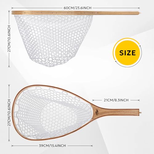 SF Fly Fishing Landing Net Soft Rubber Mesh Trout Net Catch and Release Net - style: Round Head Combo-elm Wood C
