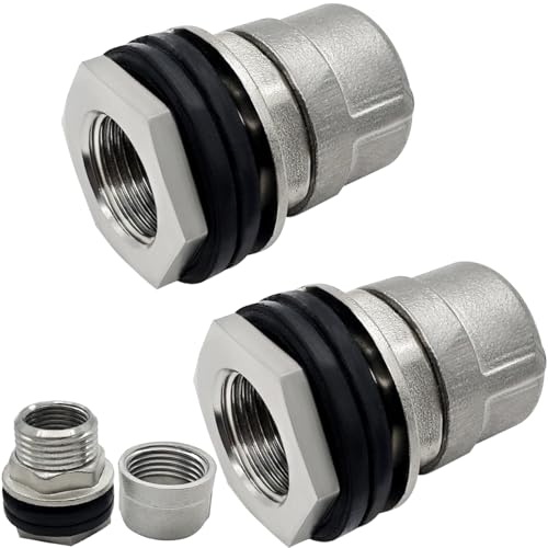 Beduan Stainless Garden Hose Bulkhead Fitting, 3/4 GHT Male to 1/2 Female Bulkhead Water Tank Connector Thru-bulk Fitting for Rain Barrels, Aquariums, Sinks, Irrigation with Caps(Pack of 2) - size: 1/2 NPT to 3/4 GHT