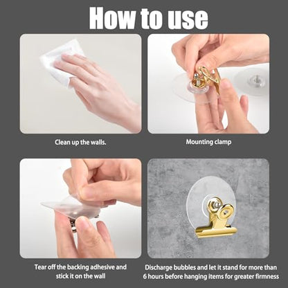 Self Adhesive Metal Clips, 12 Pcs Upgrade Strong Self-Adhesive Clips for Hanging and Organization, Spring Clip for Paper Poster Tapestry Photo Wall Teacher Student Home Kitchen Office, Golden - color: Gold