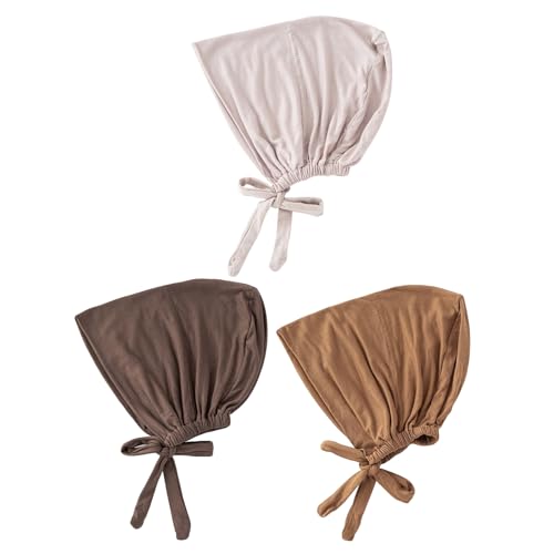 PURFUN 3 Pcs Muslim Inner Hijab Caps Women Solid Color Under Hijab Caps Stretchy Breathable Full Cover Undercap Tube Bonnet - color: Beige+coffee+brown