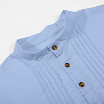 Men's Long Sleeve Stand Collar Kaftan Thobe Button Down Henley Robe Casual Side Slit Front Pleated Gown Shirt Tops - color: Light Blue, size: 3X-Large