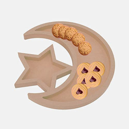 Ramadan Serving Tray, Wooden Moon and Star Shaped Dessert Trays Pastry Display Holder Fruit Storage Tableware Decoration Ornament