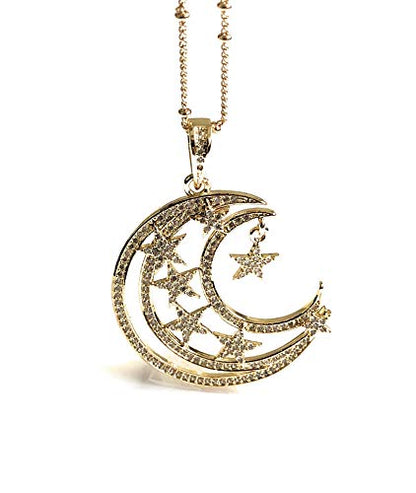 Crescent Moon and Stars Necklace 17.5 Inches Sattelite Chain