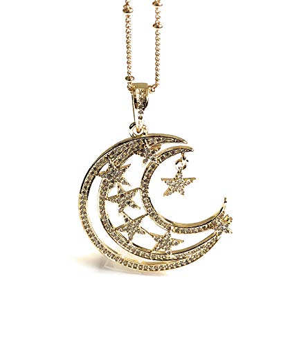 Crescent Moon and Stars Necklace 17.5 Inches Sattelite Chain