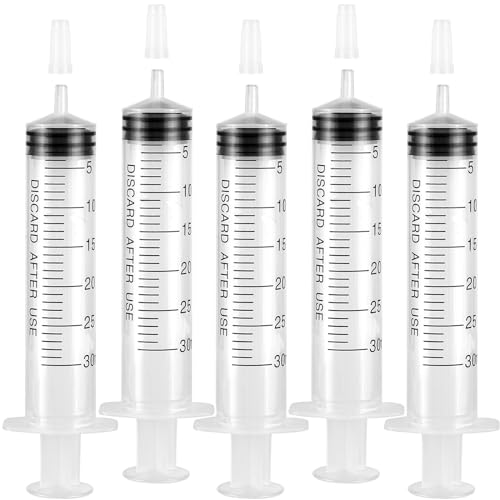 5 Pack Plastic 30ml Syringes with Cap, Sterile Syringe Individually Packaged for Labs, Liquid Measuring, Feeding Pets, Oil or Glue Applicator - size: 30 ml