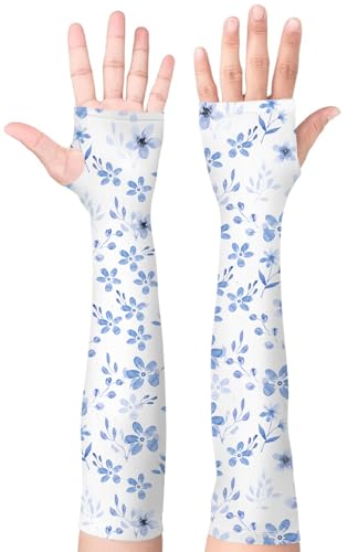 Bebila Gardening Sleeves for Women Farm UV Sun Protection Anti-Scratch Cooling Sleeves with Thumb Hole Arms Cover Outdoors - color: Blue Floral