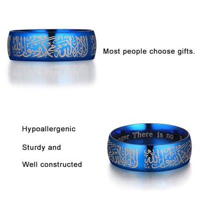 Hipunk Stainless Steel Islamic Muslim Shahada Ring - Mohammad Arabic Letter Rings Band Prayer Religious Calligraphy Ayatul Kursi Allah Rings Eid Ramadan for Men Women Size 9-12 - color: blue