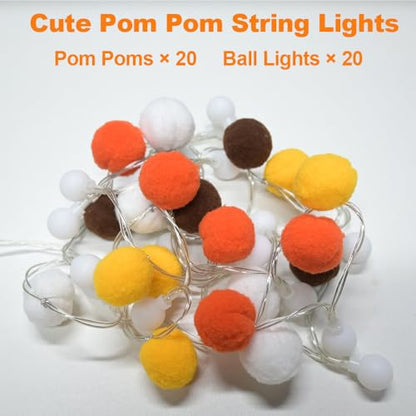 ChiRee Pom Poms 요정 조명 실내 스트링 조명 1.9m(6.56피트) 20 LED 배터리 작동 스트링 볼 조명 따뜻한 화이트 글로브 조명 다채로운 장식 조명 가정 침실 어린이 놀이집 휴일 크리스마스 - color: 주황색.