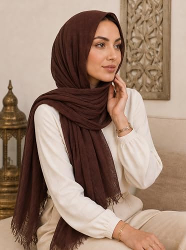 Cotton Linen Plain Hijab Scarf For Women,Muslim Viscose Crinkle Edge With Fringe,Summer Beach Wrap Headwraps Shawl - color: 20#coffee