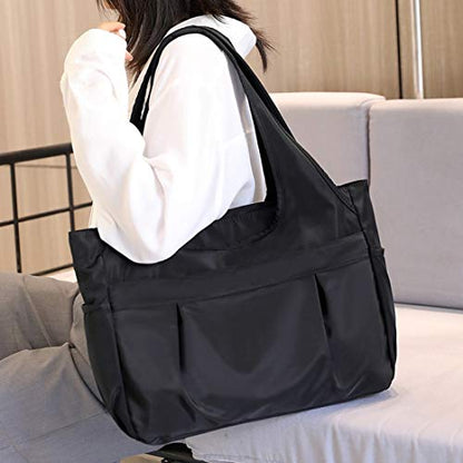 Tote Bag for Women Nylon Lightweight Large Handbag Purses Multi-pocket Shoulder Bag for Work Travel - color: Black