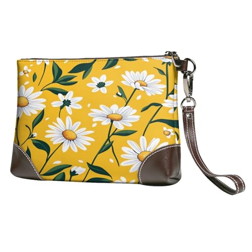 Leather Clutch Purse for Women, Large Capacity Wristlet Wallet with Removable Strap, Zip Handbag - color: Daisies on Yellow Background