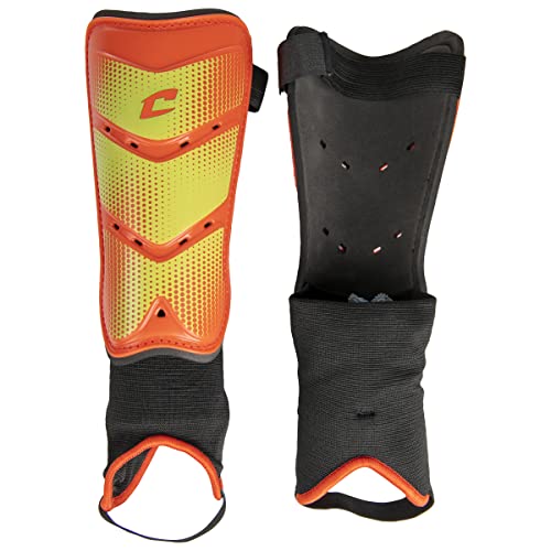 Champro League Soccer Shin Guards with Padded Ankle - color: Fire Red, Optic Yellow, size: Medium