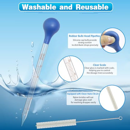5 Pack 10ml Glass Pipette Dropper Lab Graduated Dropper Glass Liquid Pipette with 1 Pc Cleaning Brush for Liquid Essential Oil, Lab Dropper Pipettes Transfer with Rubber Cap - size: 5x 10ml