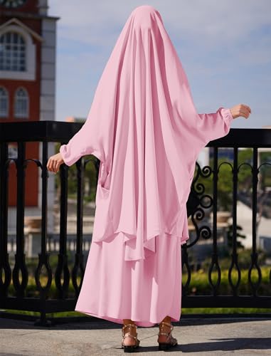 Abayas for Women Muslim Chiffon Prayer Burqa Dress Burkas for Women Muslim Hijab Dress Full Length Islamic Veil Abaya Set - color: Pink-loose