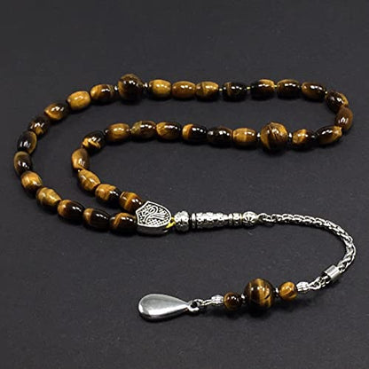Design -Tiger Eye Stone Series Worry Beads - Prayer Beads (8 mm-33 Beads) Tesbih-Tasbih-Tasbeeh-Misbaha-Masbaha-Subha-Sebha-Sibha-Rosary (-Oval Cut Drop Model 6x9 mm-) - color: -Oval Cut Drop Model 6x9 mm-