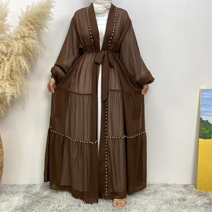 Abayas For Women Muslim Ramadan Long Sleeve Open Front Imitation Pearls Tiered Chiffon Dress Cardigan with Belt Dubai Kaftan - color: Coffee, size: X-Large