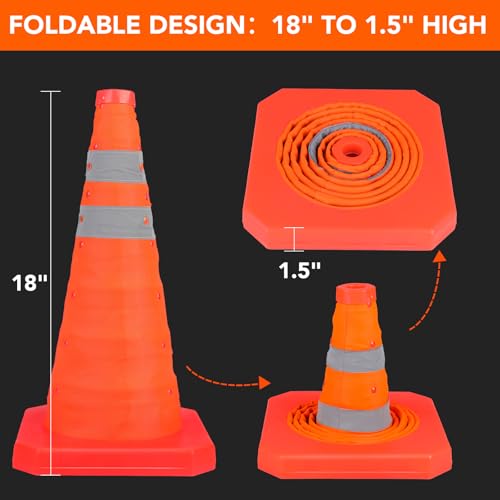 TENKAIWICK 18 Inch 6 Pack Traffic Cones,Collapsible Safety Cones,Multi Purpose Pop-up Cones with Reflective Collar,Orange Cones for Parking lot, Driveway, Driving Training etc - size: 18Inch