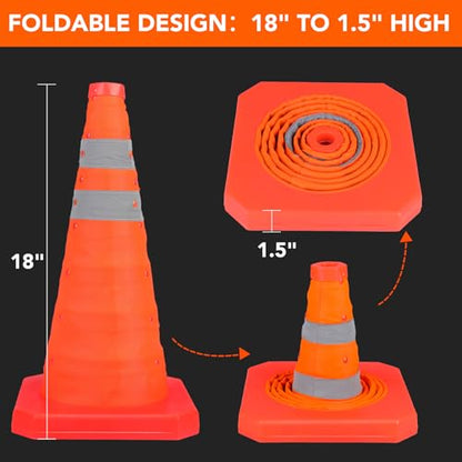 TENKAIWICK 18 Inch 6 Pack Traffic Cones,Collapsible Safety Cones,Multi Purpose Pop-up Cones with Reflective Collar,Orange Cones for Parking lot, Driveway, Driving Training etc - size: 18Inch