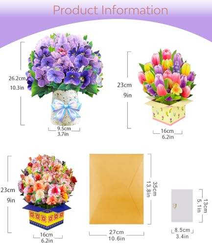 Magic Ants Pop Up Flower Bouquet Card Set – 3D Tulips, Violets & Carnations – Includes Blank Note Cards & Envelopes – for Mother's Day, Women's Birthdays, Get Well, Thank You, Sympathy - style: ‎Violets Tulips Carnations
