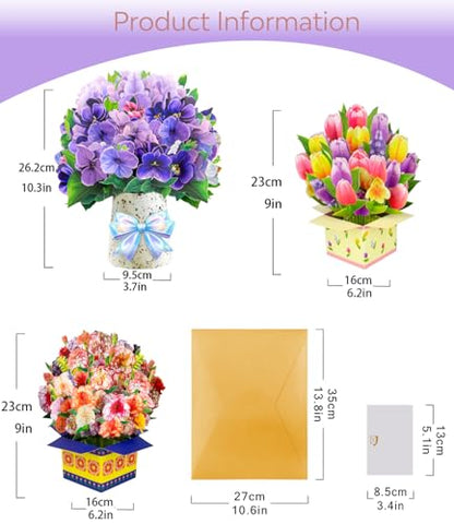 Magic Ants Pop Up Flower Bouquet Card Set – 3D Tulips, Violets & Carnations – Includes Blank Note Cards & Envelopes – for Mother's Day, Women's Birthdays, Get Well, Thank You, Sympathy - style: ‎Violets Tulips Carnations