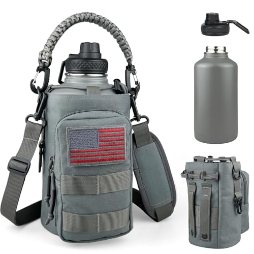 DEFUNX Half Gallon Water Bottle Insulated with Sleeve - Tactical 64 oz Stainless Steel Water Jug with MOLLE Water Bottle Pouch, Gym Water Bottles for Men Hiking Workout (Grey) - color: 64oz - Grey, size: 64 Ounces