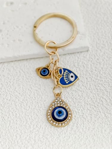 Blue Evil Eye Keychain Hamsa Hand Protection Keyring Good Luck Amulet for Purse Keys,Spiritual Gift for Women Men - color: Gold-3