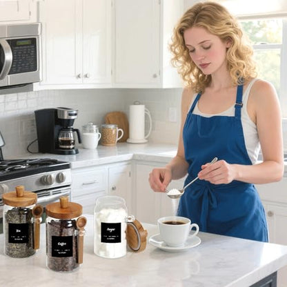 3 Pcs Glass Coffee Container Wood Lid, 25 Oz, acacia Brown | Coffee Tea Sugar Canister Set, Airtight Jar Food Storage with Wood Spoon Tray Labels, Kitchen Counter Bar Organization - size: 25 oz