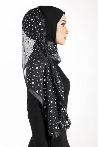 Stylish Mona Hijab Women's Black Kuwaiti with Chiffon Wrap Shawl & Satin Trim - color: Black With Silver Hearts