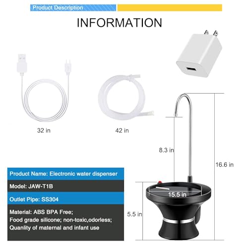 Drinking Water Dispenser Pump, Automatic Electric Drinking Water Bottle Pump for 2-5 Gallon Water Jugs, USB Rechargeable with 2 Switch Control, Stable and Portable for Home, Kitchen, Office, Camping - color: Black