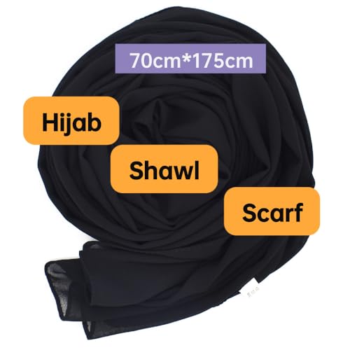 Chiffon Scarf for Women Lightweight Breathable Sunscreen Soft Solid Hijab Scarf for Daily & Muslim Wear - color: Black Chiffon Scarf