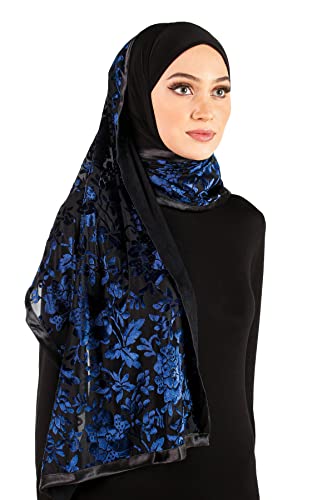 Stylish Mona Hijab Women's Black Kuwaiti with Chiffon Wrap Shawl & Satin Trim - color: Black With Blue Velvet