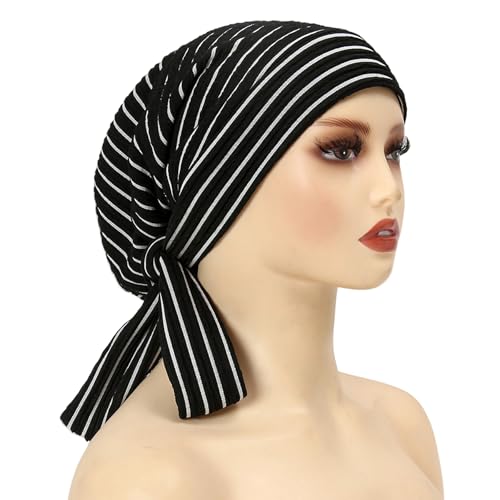 Suillty Women's Pre-Tied Muslim Hijab Bonnet Pleated Ruffle Turban Chemo Cap Underscarf Islamic Headwear - color: Black Striped