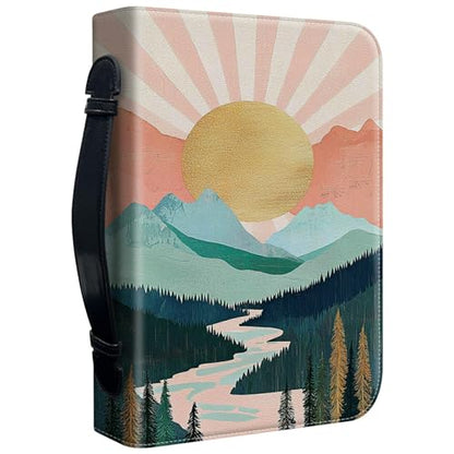 Bible Cover Case for Women, PU Leather Large Bible Cases with Zipper Fits Books Up to 12" x 9" x 2.76”, Bible Carrying Bag for Men, Pink Boho Mountain - color: Pink Boho Mountain