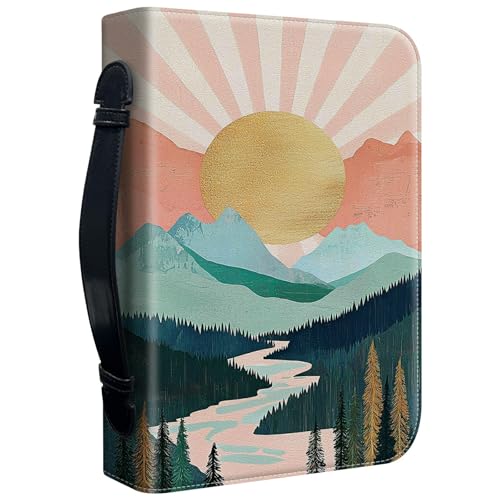 Bible Cover Case for Women, PU Leather Large Bible Cases with Zipper Fits Books Up to 12" x 9" x 2.76”, Bible Carrying Bag for Men, Pink Boho Mountain - color: Pink Boho Mountain