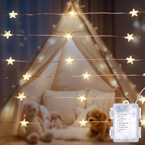Star String Lights Battery Operated, 20ft 60 LED Mini Star Fairy Lights Copper Wire 8 Modes for Indoor Garden Decoration, Waterproof Warm White Star LED Lights for Birthday Party Wedding - color: Copper Tone, size: 20ft-60 LEDs