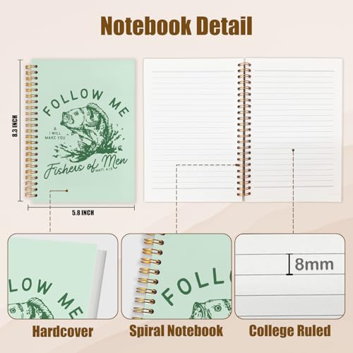 WUCHJ Green Retro Fish Christian Notebook, Matthew 4:19 Bible Verse Journal, Religious Scripture Spiral Notebook Journal for Note Taking, Christian Faith Based Gifts for Women Men, 5.5x8.3 Inch - color: green fish follow me