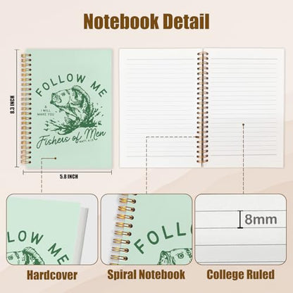WUCHJ Green Retro Fish Christian Notebook, Matthew 4:19 Bible Verse Journal, Religious Scripture Spiral Notebook Journal for Note Taking, Christian Faith Based Gifts for Women Men, 5.5x8.3 Inch - color: green fish follow me
