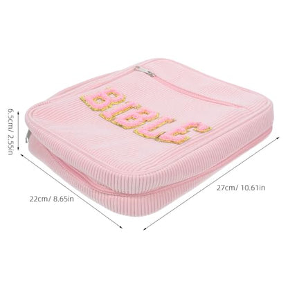 Bible Organizer Carrying Case for Religious Books and Temple Scriptures, Dustproof Corduroy Cover with Zippered Pocket, Pen Slots, and Handle, Stylish Pink Church Bible Storage Bag