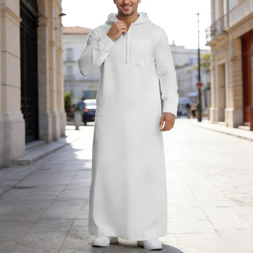 Mens Kaftan Thobe Casual Long Sleeve Zipped Hoodies Caftan Robe Muslim Gown Kurta Tops Arabic T Shirts with Pockets - color: White, size: Small