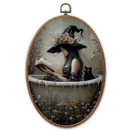 AYQJCBGC Vintage Witch Black Cat Oval Framed Wall Art, Cottagecore Retro Canvas Wall Decor, Dark Academia Framed Prints Hanging Decor for Home Bedroom Living Room, 8.3x11.6 Inch. (016) - color: Black Witch