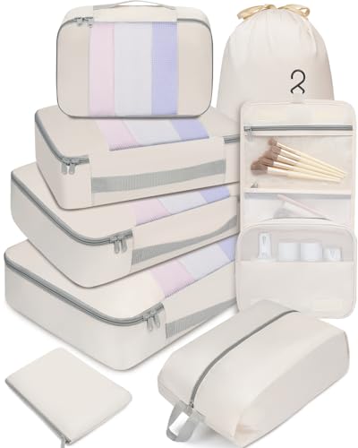 BAGAIL 6 Set/8 Set/10 Set Packing Cubes Various Sizes Packing Organizer for Travel Accessories Luggage Carry On Suitcase - color: 08-Beige, style: 8 Set-middle Mesh