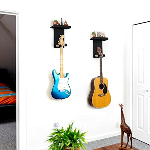 Keebofly Guitar Wall Hanger,2 Pack Guitar Wall Mount Holder Guitar Hanger Shelf with Pick Holder Wood Guitar Rack for Acoustic or Electric Guitar,Ukulele,Bass,Mandolin Black,[Patented] - color: 2 Pack_Black