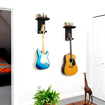 Keebofly Guitar Wall Hanger,2 Pack Guitar Wall Mount Holder Guitar Hanger Shelf with Pick Holder Wood Guitar Rack for Acoustic or Electric Guitar,Ukulele,Bass,Mandolin Black,[Patented] - color: 2 Pack_Black