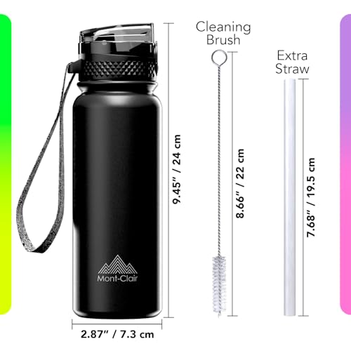 Mont-Clair Sport Water Bottle - 20oz Insulated Water Bottle with Straw - Patented Lid, BPA FREE, For Sports, Gym, Cycling, Bike - Quick Hydration - Black - color: Black