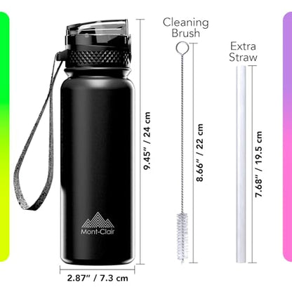 Mont-Clair Sport Water Bottle - 20oz Insulated Water Bottle with Straw - Patented Lid, BPA FREE, For Sports, Gym, Cycling, Bike - Quick Hydration - Black - color: Black